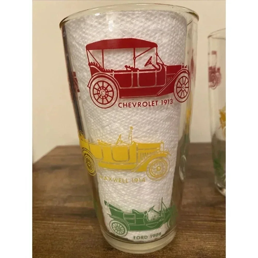 Vintage Red Green Yellow Antique Cars Automobiles Drinking Glass Mid Century Mod
